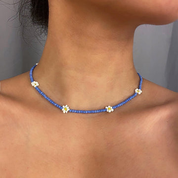 Bohemian White And BlueSeed Bead Flower Choker Necklace Statement Short Collar Clavicle Chain Necklace For Women Jewelry Bijoux daiiibabyyy